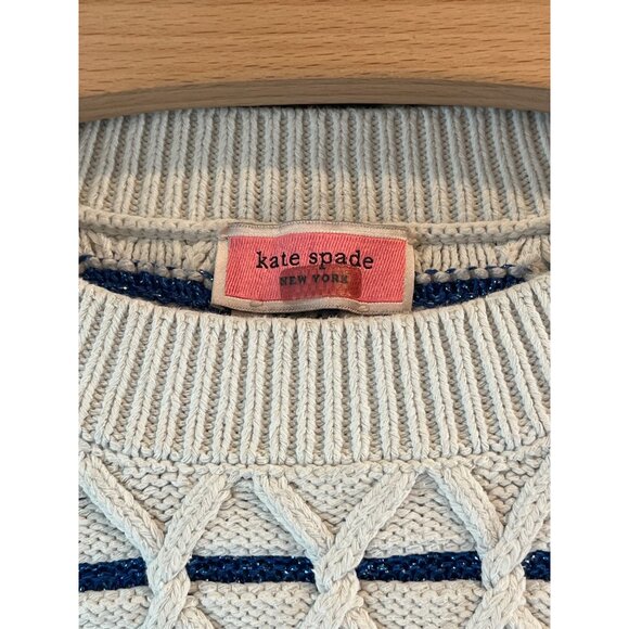 Kate Spade Womens Short Sleeve Knit Sweater Blue & Cream Geometric Pattern Cotto - Picture 4 of 10